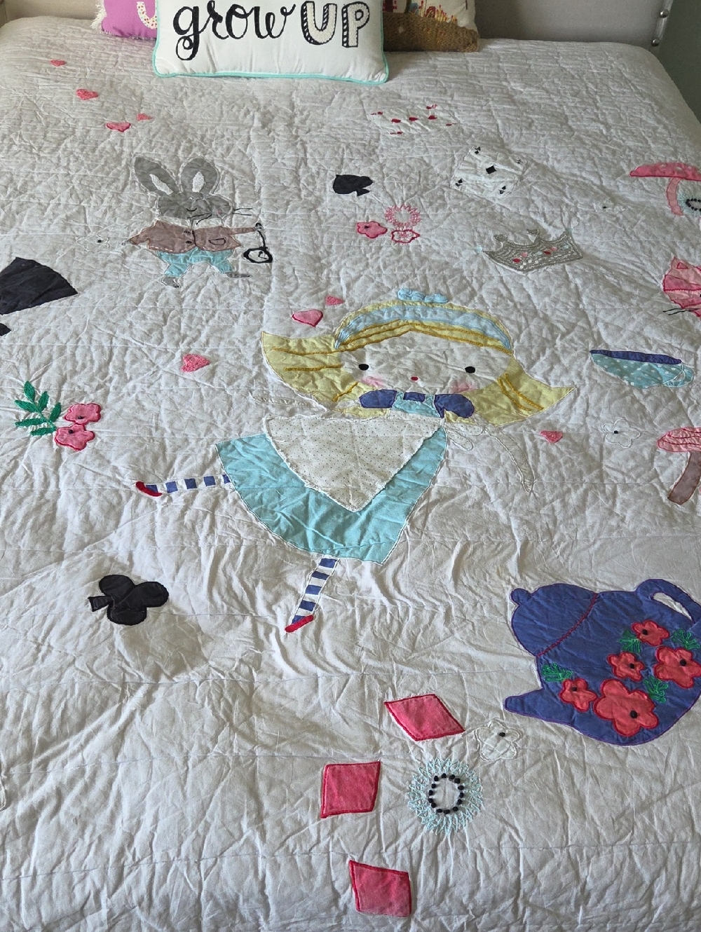 Land Of Nod Alice-Themed Queen Quilted Duvet Cover in White, Blue, Yellow, Pink